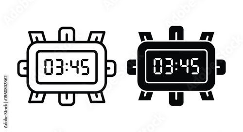 Digital watch icon set, electronic clock with time 0345, outline and solid style vector illustration