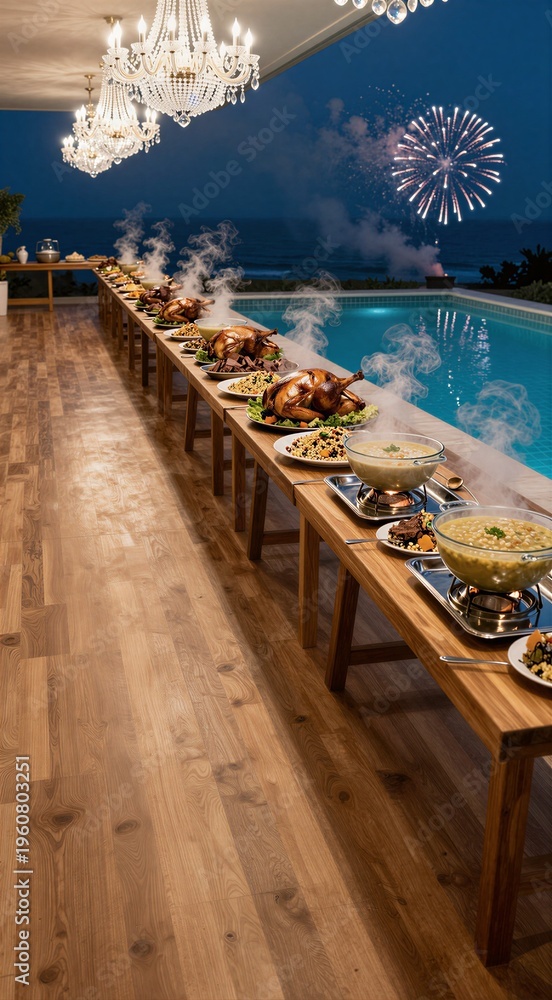 Fototapeta premium Long banquet with roasted turkeys beside pool under fireworks