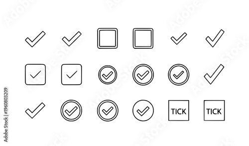 Minimal outline checkmark and checkbox icon set with blue line tick symbols for clean interface design vector
