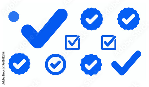 Bold blue checkmark icon collection with checkbox and approval tick symbols in modern flat vector design
