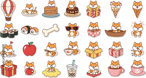 Set of adorable Shiba Inu dog character illustrations featuring various funny situations, food, and activities, isolated on a white background for sticker designs.