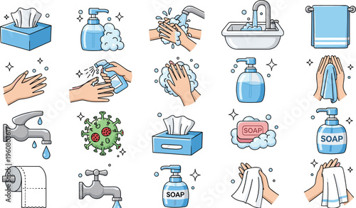 Set of colorful hygiene and hand washing icons including soap dispensers, faucets, tissues, and virus prevention graphics for health and medical design projects.