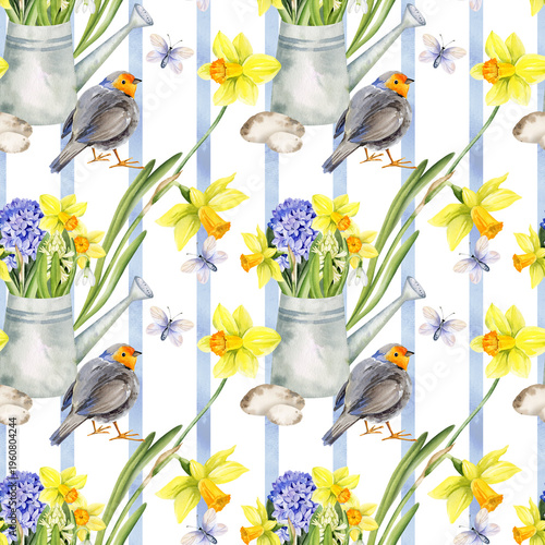 spring themed seamless pattern, watercolor garden watering can with snowdrops, butterflies, cute robin bird on blue striped background, daffodil, narcissus, hand drawn spring Easter illustration