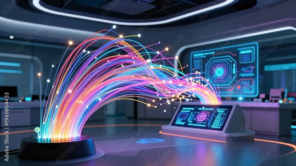 Fototapeta premium High Speed Fiber Optic Data Transmission with Glowing Neon Cables in Futuristic Server Room, AI Generated Image