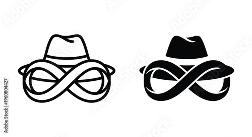 Minimalist fedora hat icon combined with an infinity symbol, creative detective or mystery logo design