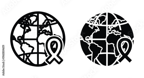 World globe with awareness ribbon icon set, global health and charity concept, vector illustration