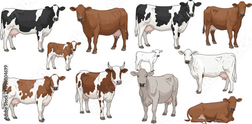 Set of detailed vector illustrations featuring various breeds of cattle, including cows and calves in different poses, isolated on a clean white background.
