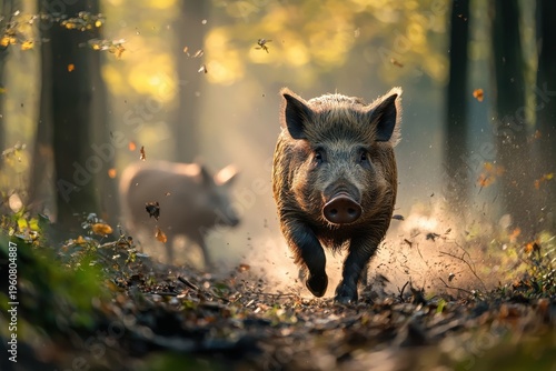 Wild boar charging through forest with leaves flying around and sunlight filtering through trees, creating dynamic and intense natural scene full of energy and motion