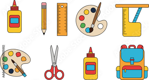 Art and Craft School Supplies Icon Set with Paint Palette Brush Scissors Glue Pencil Ruler Backpack and Creative Tools for Education Design