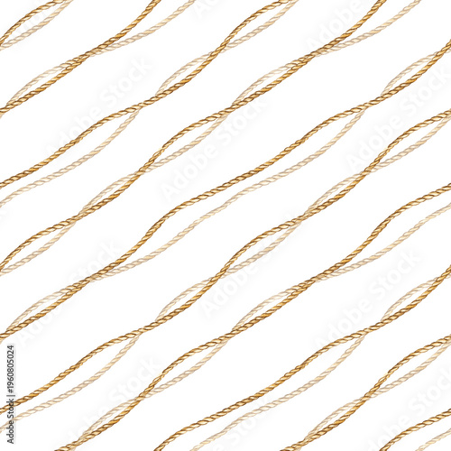 watercolor seamless pattern from old vintage cordage, diagonal hand drawn illustration of textured rope, brown and beige colors, gardening, home equipment, sketch for marine, textile, card decoration