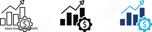 Financial growth icon showing rising bar graph with professional investment gear. Professional illustration for business profit analysis, stock market performance, capital optimization strategies.