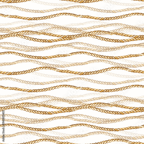 watercolor seamless wave horizontal pattern from old vintage cordage, hand drawn illustration of textured marine rope, brown and beige rope, hand drawn sketch for card, textile, event decoration