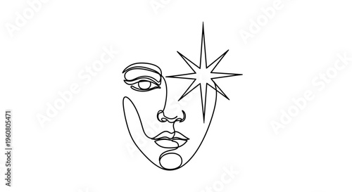 Minimalist Line Art Woman Face with Star