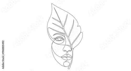 Minimalist Line Art Woman Face with Leaf Overlay, Elegant Abstract Beauty