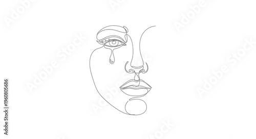 Minimalist Single Line Drawing of a Crying Woman's Face, Abstract Emotional Portrait
