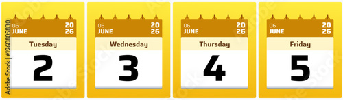 Flat design daily calendar icons for June 2, 3, 4, and 5, 2026. A vibrant and clean vector set suitable for business planners, mobile reminders, and printable agenda layouts