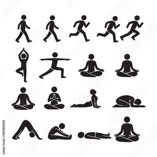 Black Stick Figure Movement Set – Walking, Running, Yoga and Meditation Poses