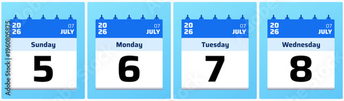 Vibrant daily calendar layout presenting July 5, 6, 7, and 8, 2026. Perfect for contemporary scheduling visuals, printable organizers, and daily digital reminder applications