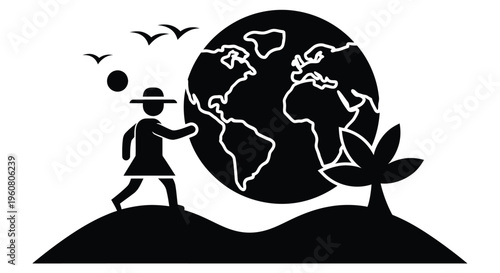 A person pushing a large globe with birds and a small tree nearby