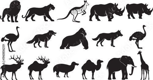 A versatile concept collection of diverse wild animal silhouettes, featuring iconic safari, jungle, and desert creatures for educational content and graphic design, highlighting global fauna