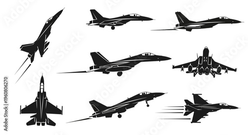 Modern Fighter Jets Collection: Silhouette Icons of Military Airplanes in Flight