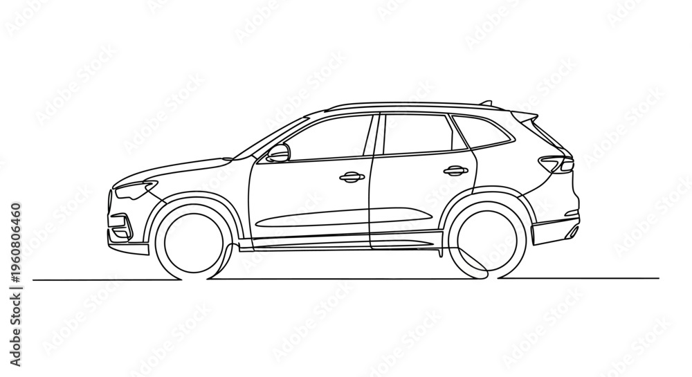 Fototapeta premium Modern SUV car outline drawing, side view, minimalist style, clean lines