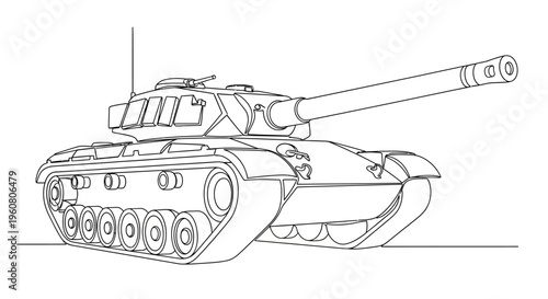 Modern Tank Outline Drawing, Military Vehicle Vector Art
