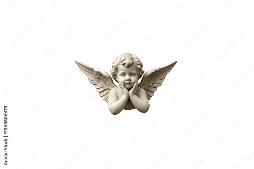 Fototapeta premium Cherub angel statue with wings on transparent background