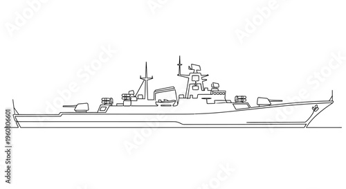 Modern Warship Silhouette, Military Naval Ship Outline, Vector Illustration