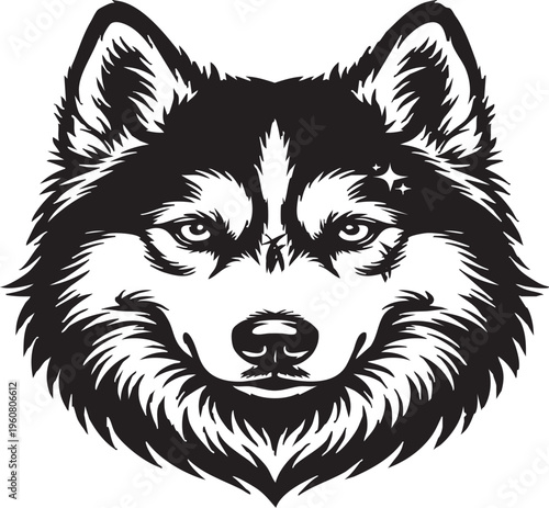 Stylized black and white wolf head facing forward with symmetrical features and bold fur texture isolated on white background