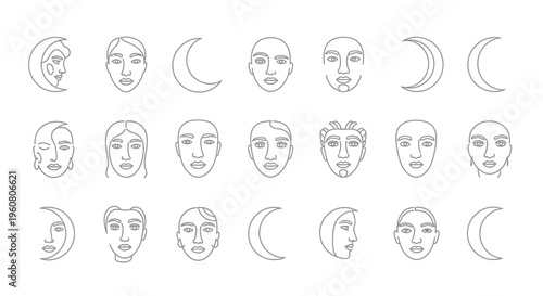 Moon Phases and Human Face Line Art Collection