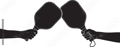 Dynamic illustration of two hands holding sports paddles, clinking together in a gesture of friendly competition, victory, or a lively start to an active game