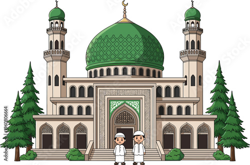 Vector illustration of a beautiful mosque with green dome minarets and two boys in traditional attire for Islamic culture religion and holiday celebration design.