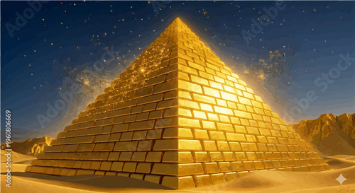 Concept of Wealth and Success, Gold Bar Pyramid under Night Sky