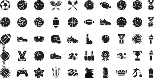 Comprehensive collection of diverse sports activity and equipment icons, ideal for illustrating various athletic pursuits, recreational games, and competitive events