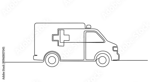 One line drawing of an ambulance with a cross symbol on white background.