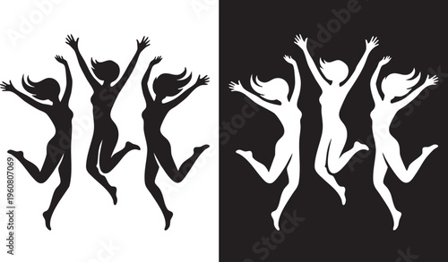 Mirrored silhouettes of four jumping figures with raised arms in black and white contrast isolated on background for symmetry themes