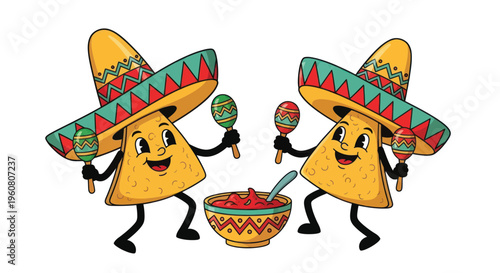 Happy Cartoon Nachos Dancing with Maracas and Salsa Bowl