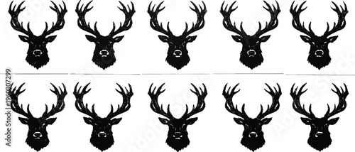 Set of ten black silhouettes of deer heads with antlers arranged in grid isolated on white background for wildlife and hunting themes