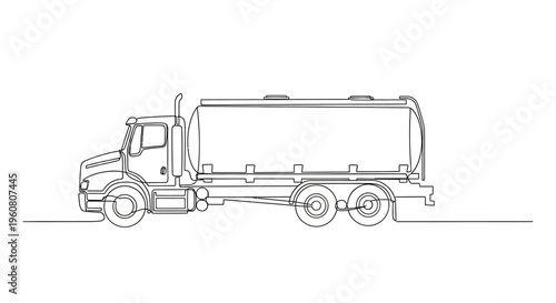 Outline of a tanker truck on a white background, industrial transport, line art