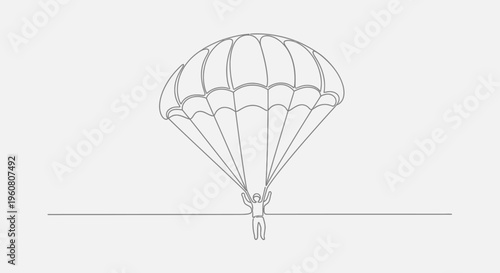 Parachutist descending with parachute, minimalist line art, skydiving concept