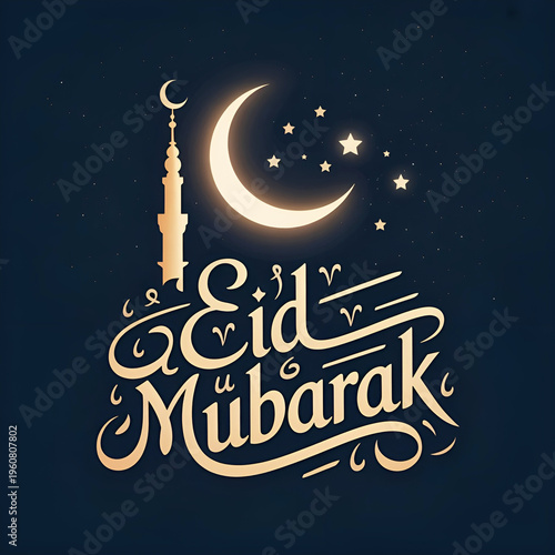Eid Mubarak Greeting Card: Elegant Arabic Calligraphy with Crescent Moon and Mosque Silhouette.