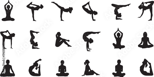 Illustrated silhouettes showcasing a wide range of yoga postures, from seated meditation to challenging balances, promoting health, strength, and mindful movement for overall well-being
