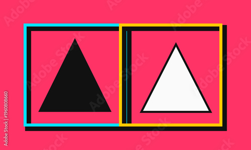 A minimalist graphic design featuring two contrasting triangles inside colorful square frames
