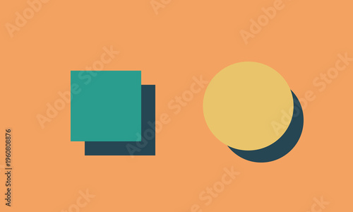 Minimalist graphic design featuring a teal square and a yellow circle on a soft orange background