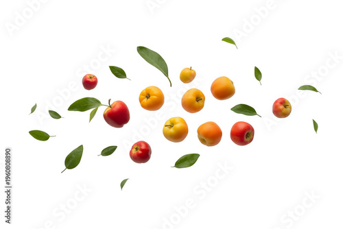 Vibrant acerola cherries and leaves falling, transparent background