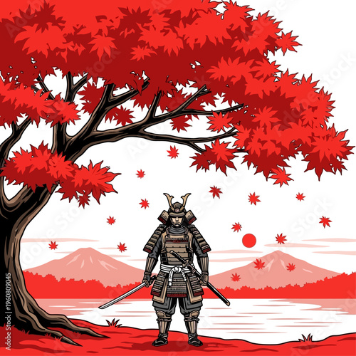 Feudal Japan Samurai Standing Guard - Red Maple Forest Scene