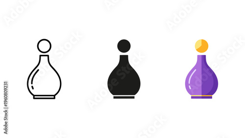 three stylized perfume bottles with colored stoppers vector illustration