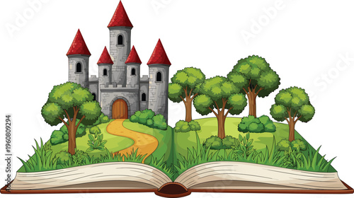 Vector illustration of an open pop-up storybook featuring a classic stone castle with red turrets and a lush green forest for literacy education and fantasy storytelling.