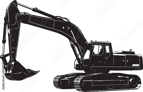 Black Excavator Machine with Long Arm and Bucket Illustration